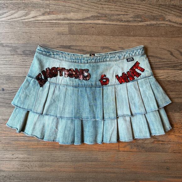 Vintage Y2K Miss Sixty Micro Mini Denim Skirt | Sequin Graphic | 28" - Picture 8 of 12